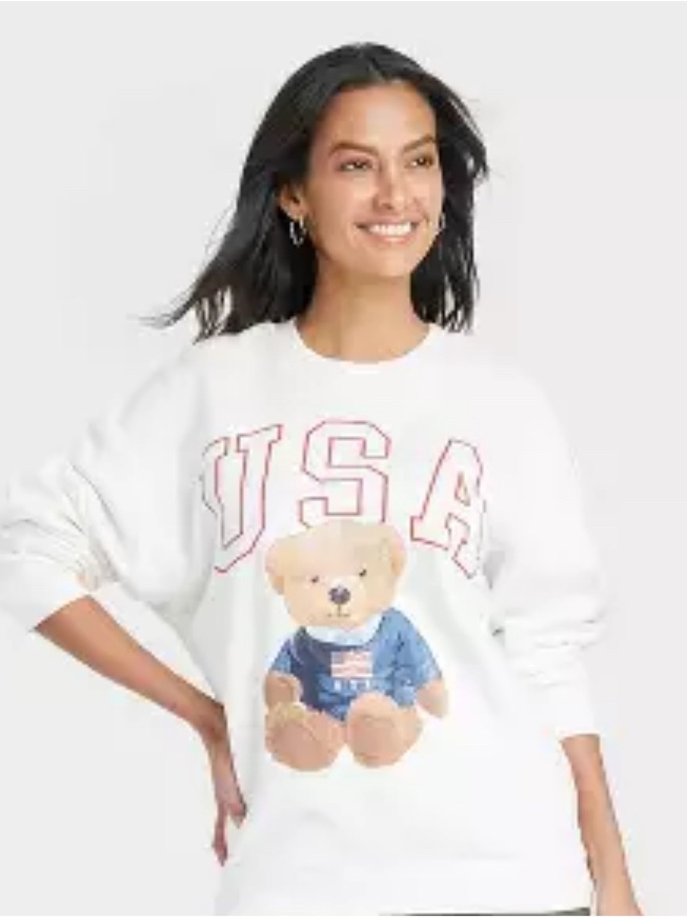 Grayson Threads White Crewneck Sweatshirt with Teddy Bear & USA Graphic